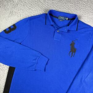 Polo Ralph Lauren Shirt Mens M Blue Big Pony Rugby Long Sleeve Pique Mesh